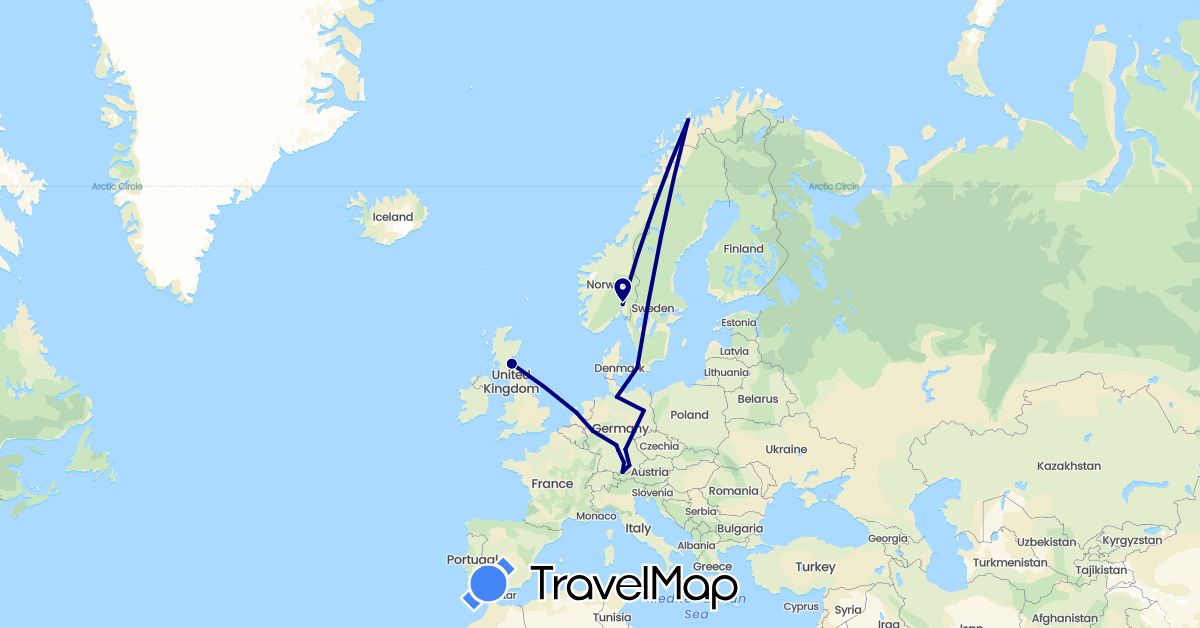 TravelMap itinerary: driving in Germany, Denmark, United Kingdom, Netherlands, Norway (Europe)